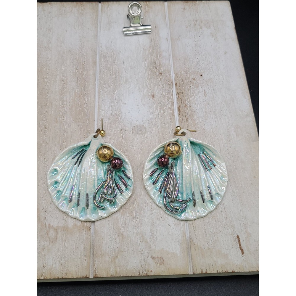 Signed Ceramic Shell With Pearl Dangle Earrings - image 1
